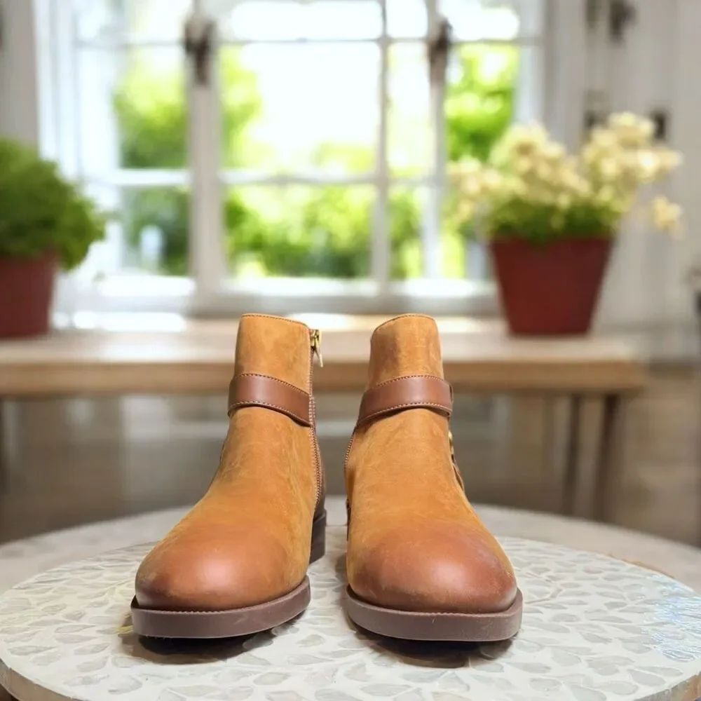 Vionic $190 Rhiannon Equestrian Ankle Boots Cognac Nubuck Leather Buckle Detail